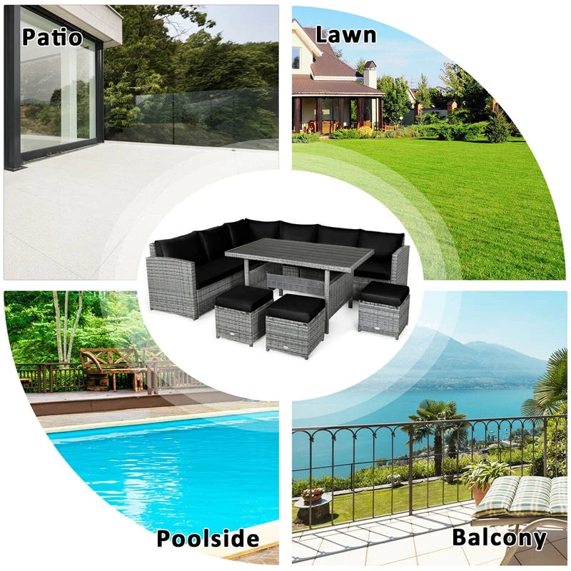 7-Piece PE Rattan Patio Sectional Sofa Set with Dining Table, Ottomans & Cushions, Mix Grey