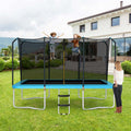 Blue 8x14 ft rectangular trampoline with safety enclosure net and ladder