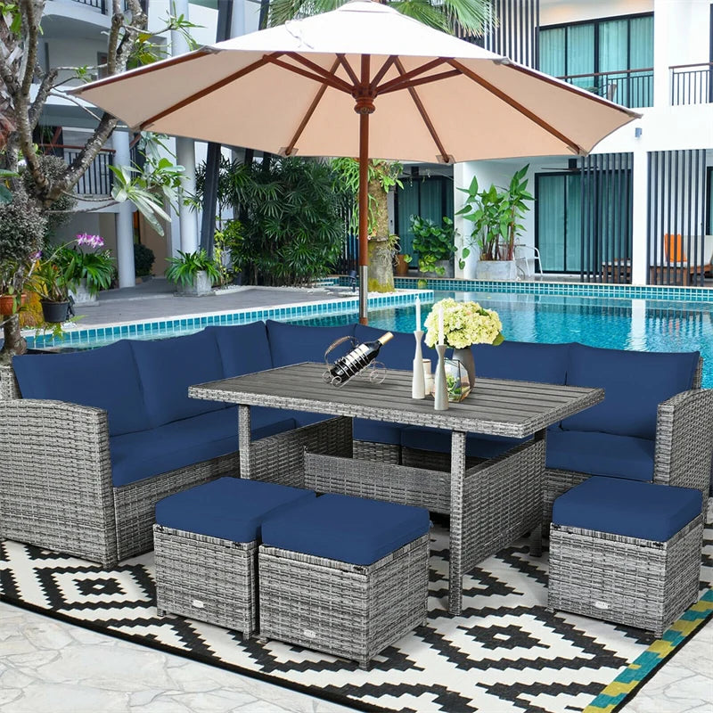 7-Piece PE Rattan Patio Sectional Sofa Set with Dining Table, Ottomans & Cushions, Mix Grey
