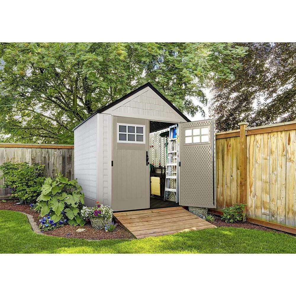 Rubbermaid 7 x 7 ft Weather-Resistant Resin Garden Storage Shed with Windows & Utility Hooks, Sand