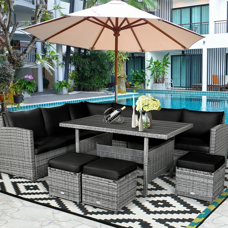 7-Piece PE Rattan Patio Sectional Sofa Set with Dining Table, Ottomans & Cushions, Mix Grey