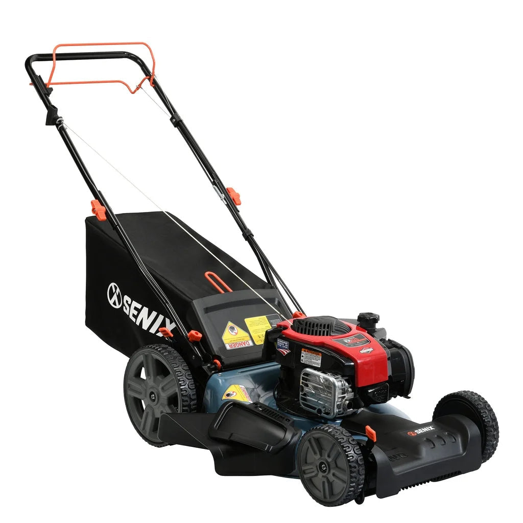 Blue SENIX 21-inch self-propelled petrol lawn mower with rear grass bag