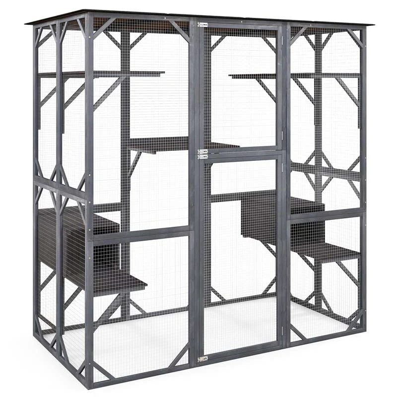 71 Inch Tall Walk-In Wooden Catio - Outdoor Cat Enclosure with 7 Platforms, 2 Condos & Asphalt Roof, Grey