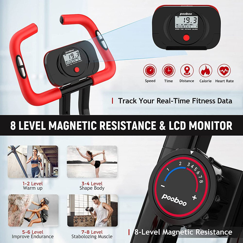 Pooboo 3-in-1 Foldable Magnetic Exercise Bike – Upright & Recumbent X-Bike, 8-Level Resistance, Pulse Sensor