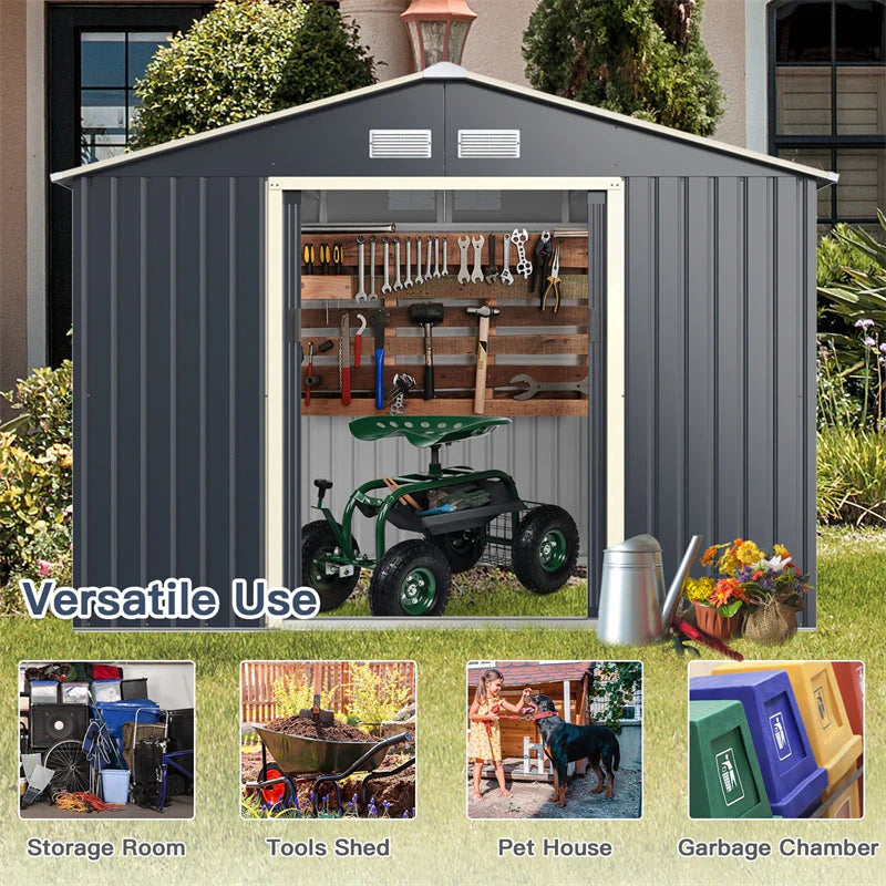 9 x 6 ft Outdoor Metal Storage Shed – Sliding Lockable Double Doors, 4 Vents, Grey Steel