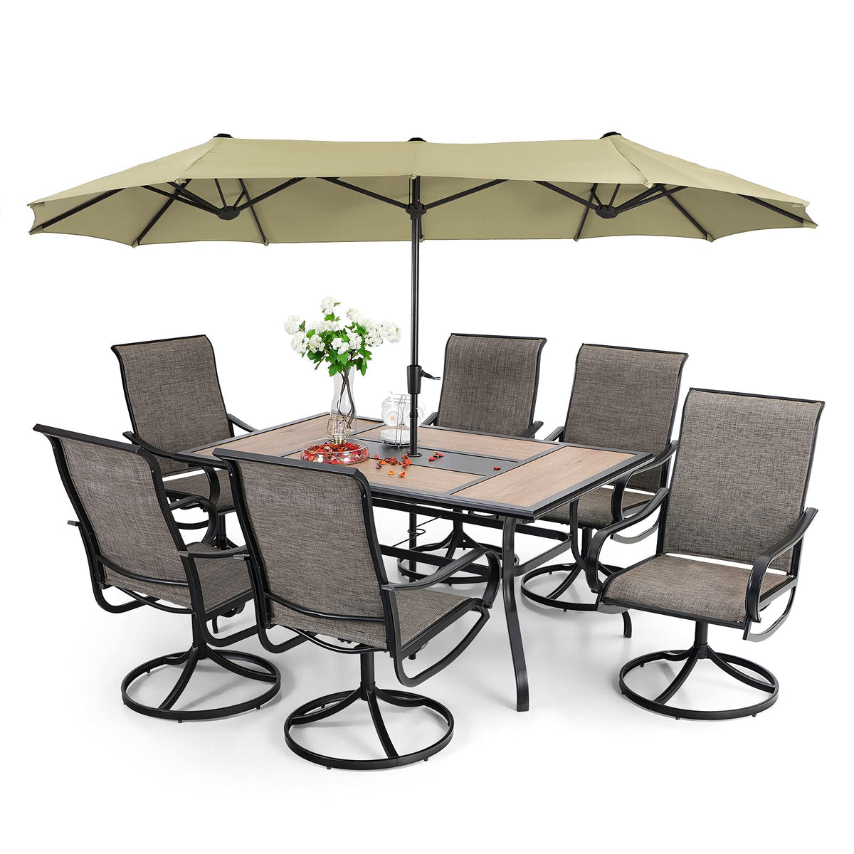 8-Piece Patio Dining Set with Double-Sided Umbrella – 6 Sling Swivel Chairs & Wood-Grain Table