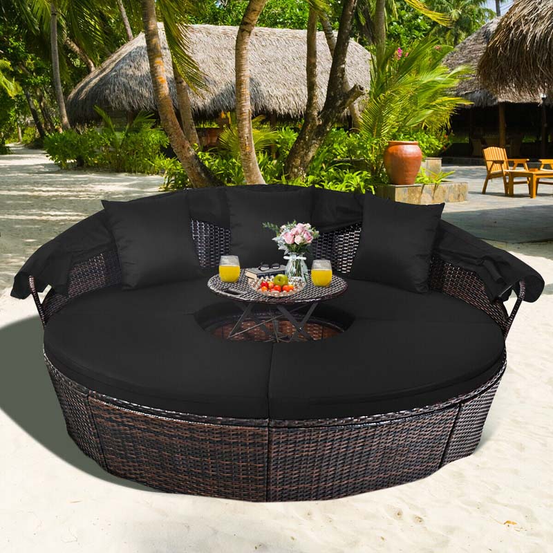 Rattan Wicker Round Patio Daybed with Retractable Canopy & Adjustable Coffee Table – Outdoor Sofa Set