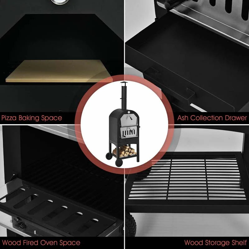 2-Tier Outdoor Wood-Fired Pizza Oven on Wheels – Iron Grill with Pizza Stone, Peel, Thermometer & Waterproof Cover