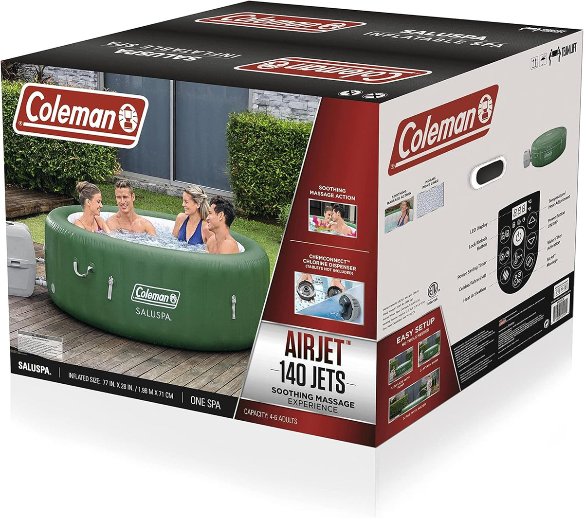 Coleman Inflatable Hot Tub Spa – 140 Bubble Jets, 242 gal, Heated, Pump & Cover, Fits 4