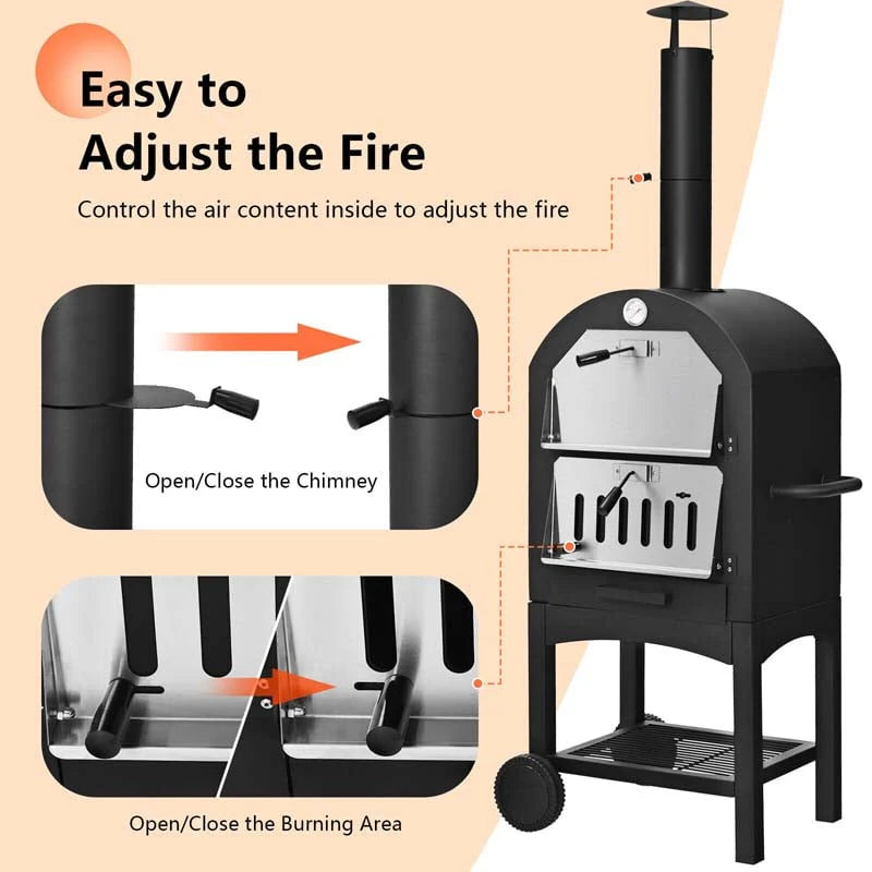 2-Tier Outdoor Wood-Fired Pizza Oven on Wheels – Iron Grill with Pizza Stone, Peel, Thermometer & Waterproof Cover