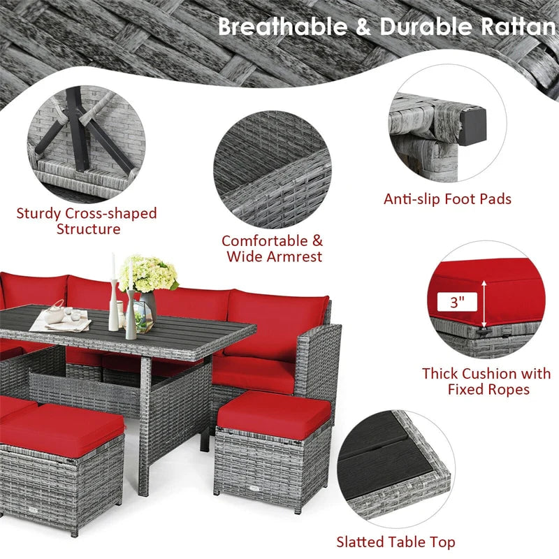 7-Piece PE Rattan Patio Sectional Sofa Set with Dining Table, Ottomans & Cushions, Mix Grey