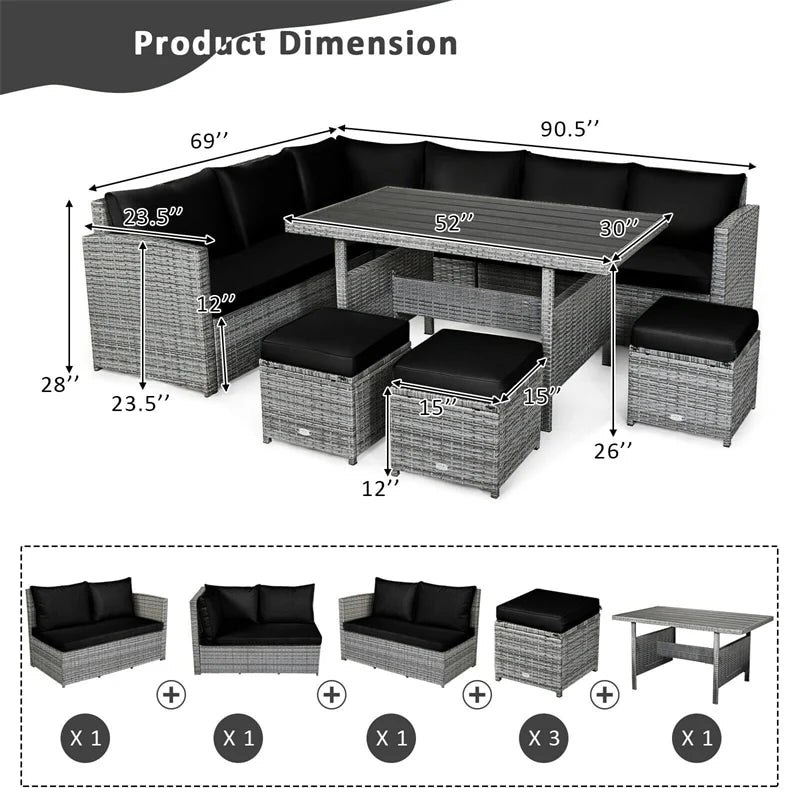 7-Piece PE Rattan Patio Sectional Sofa Set with Dining Table, Ottomans & Cushions, Mix Grey