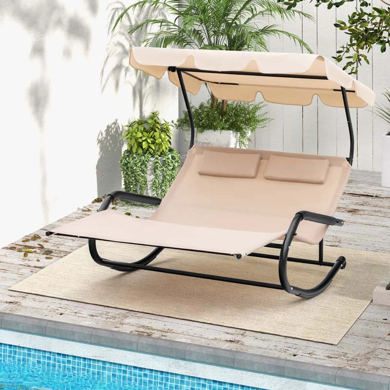 2-Person Patio Hammock Swing Bed – Extra Large Outdoor Rocking Chaise Lounge with Canopy & Wheels