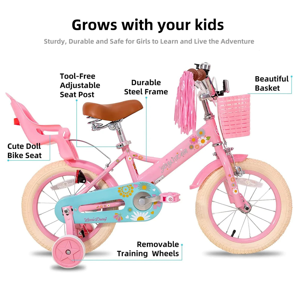 JOYSTAR Little Daisy 14 Inch Girls' Bike – Pink Kids' Bike with Training Wheels, Basket, Doll Seat & Bell
