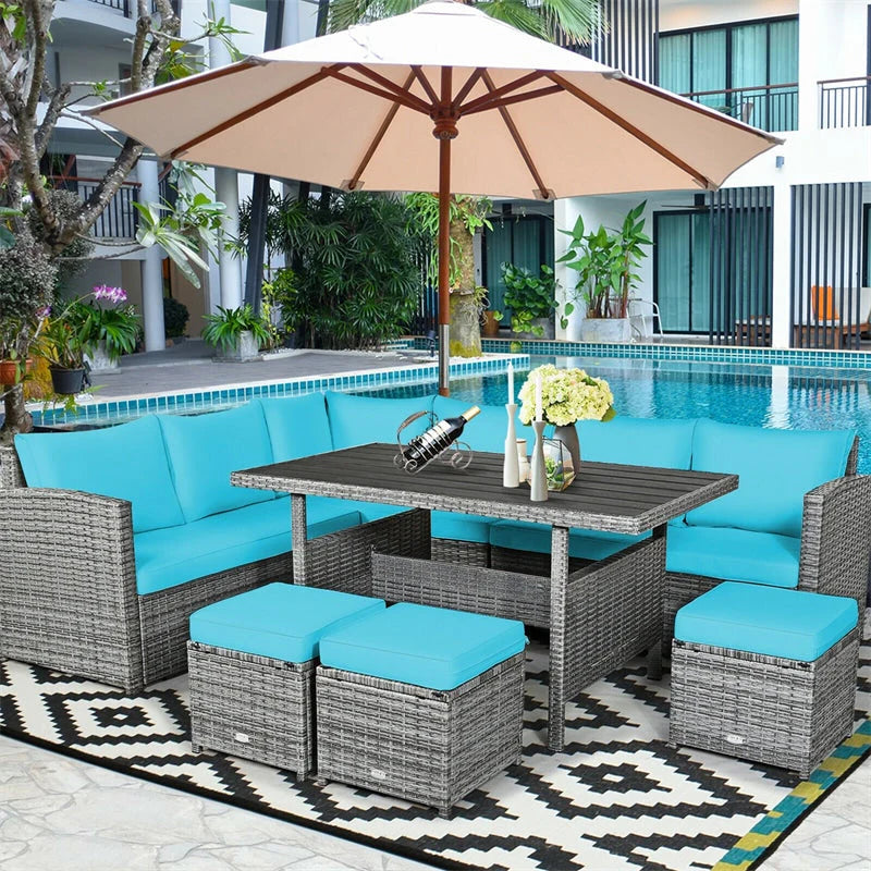 7-Piece Rattan Patio Dining Set – Sectional Sofa with Table, Ottomans & Cushions, Mix Grey