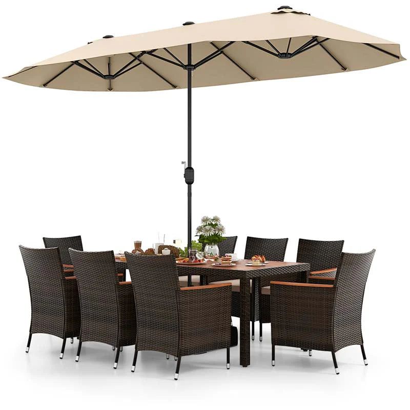 10-Piece Patio Rattan Dining Set with 15 ft Double-Sided Umbrella – Acacia Wood Table & Stackable Cushioned Wicker Chairs