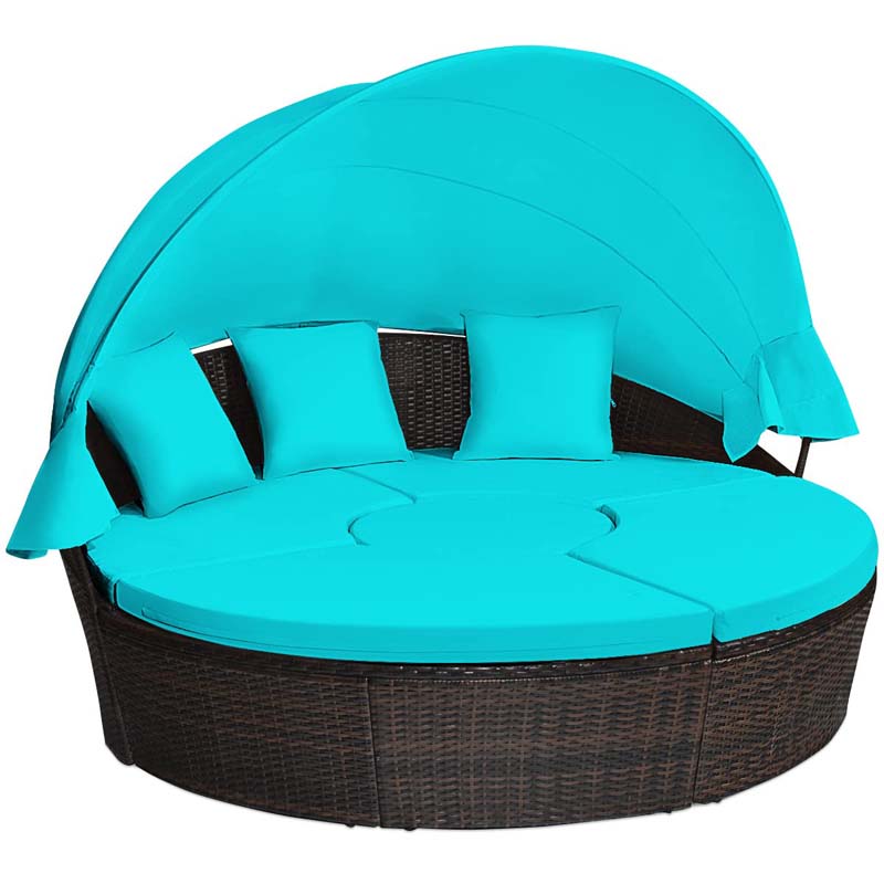 Rattan Wicker Round Patio Daybed with Retractable Canopy & Adjustable Coffee Table – Outdoor Sofa Set