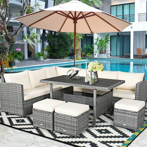 Seven-piece mix-grey rattan patio sectional dining set with cushions