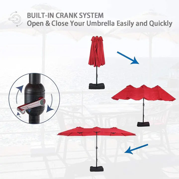 8-Piece Patio Dining Set with Double-Sided Umbrella – 6 Sling Swivel Chairs & Wood-Grain Table