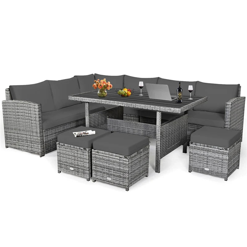 7-Piece PE Rattan Patio Sectional Sofa Set with Dining Table, Ottomans & Cushions, Mix Grey