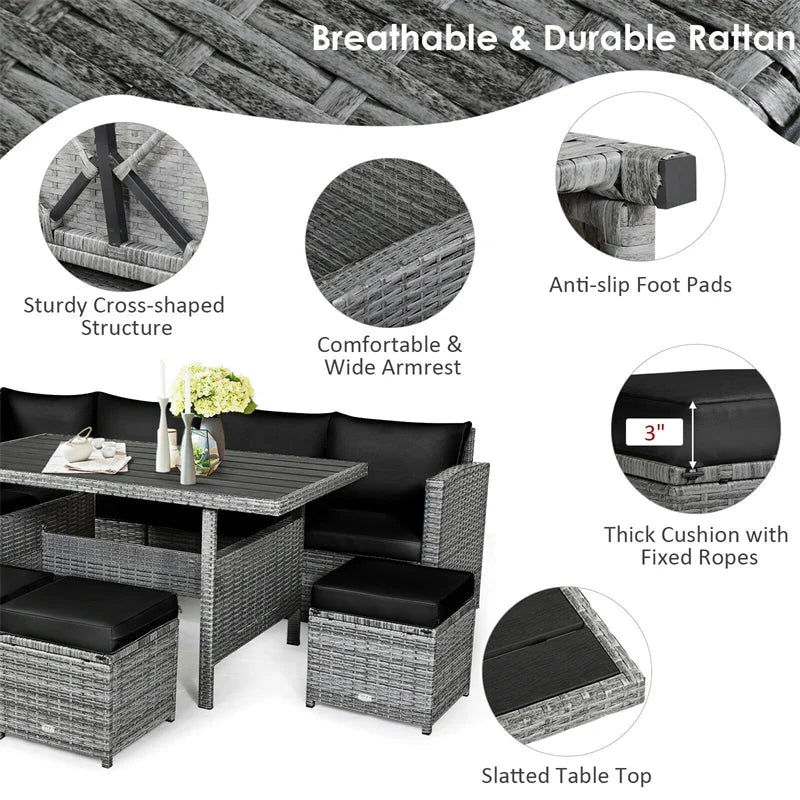 7-Piece Rattan Patio Dining Set – Sectional Sofa with Table, Ottomans & Cushions, Mix Grey