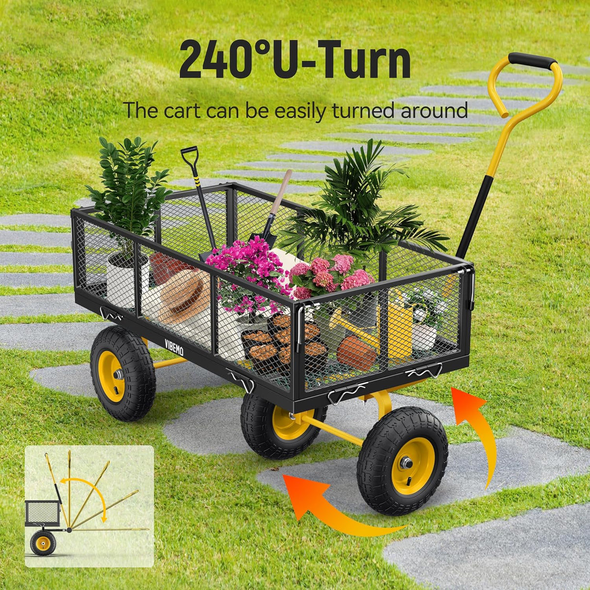 Vibemo 2-in-1 Steel Garden Cart – 1400 lb Heavy-Duty Wagon, Mesh Sides to Flatbed, 13" Pneumatic Tyres