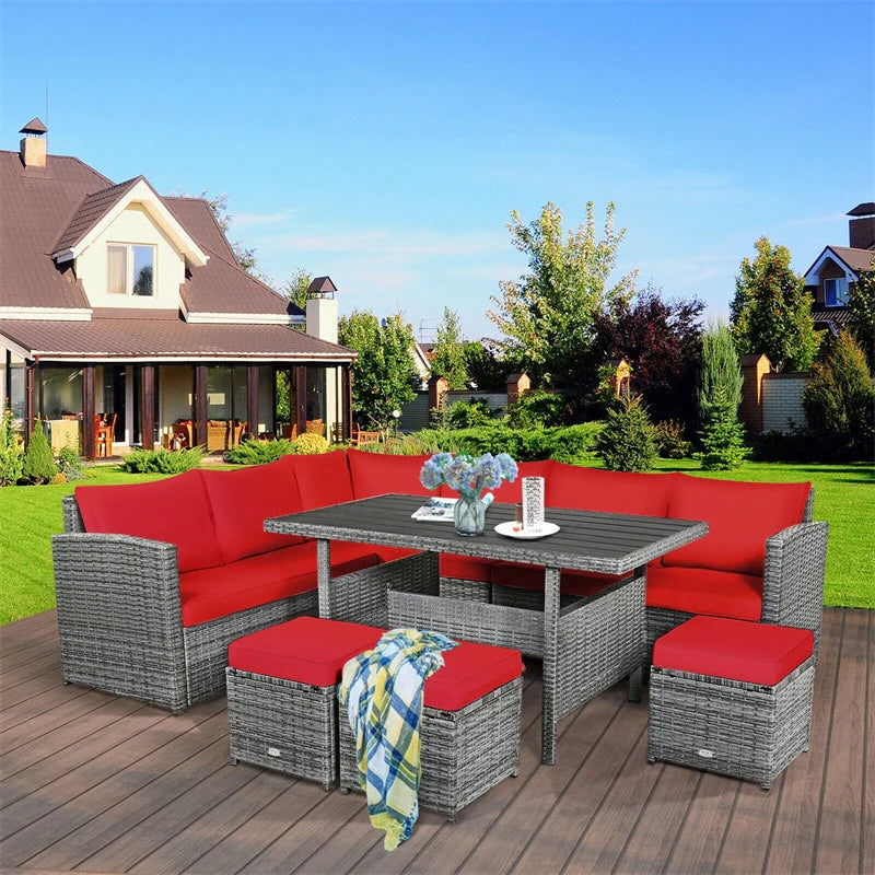 7-Piece Rattan Patio Dining Set – Sectional Sofa with Table, Ottomans & Cushions, Mix Grey