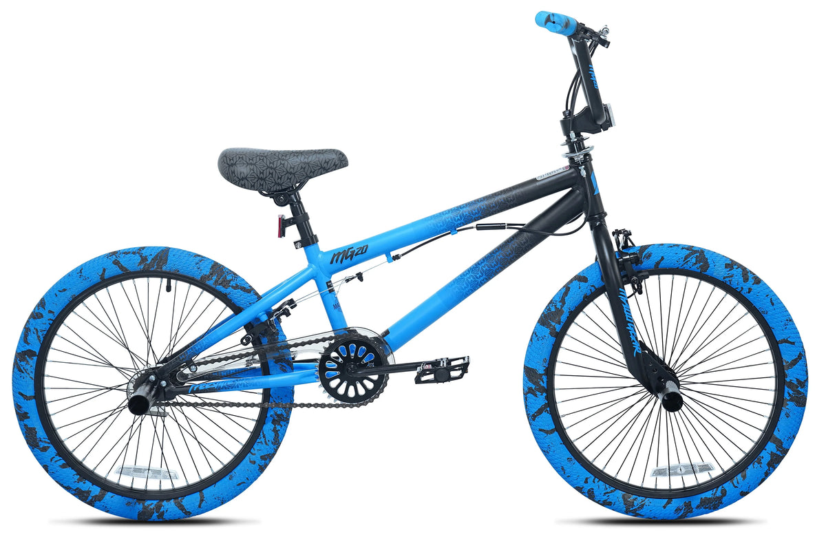 Blue and black Kent Madd Gear 20-inch kids freestyle BMX bike