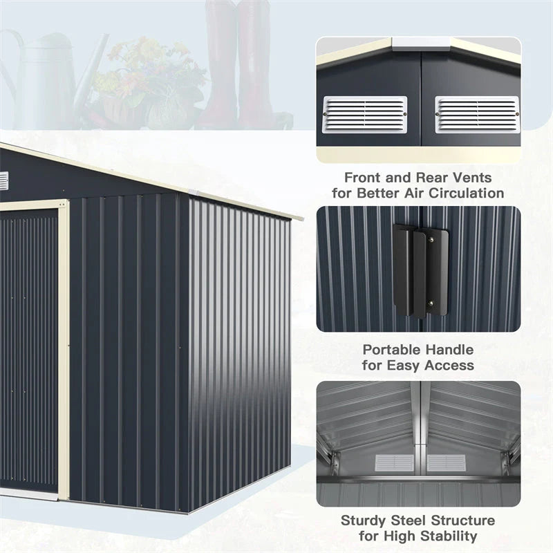 9 x 6 ft Outdoor Metal Storage Shed – Sliding Lockable Double Doors, 4 Vents, Grey Steel