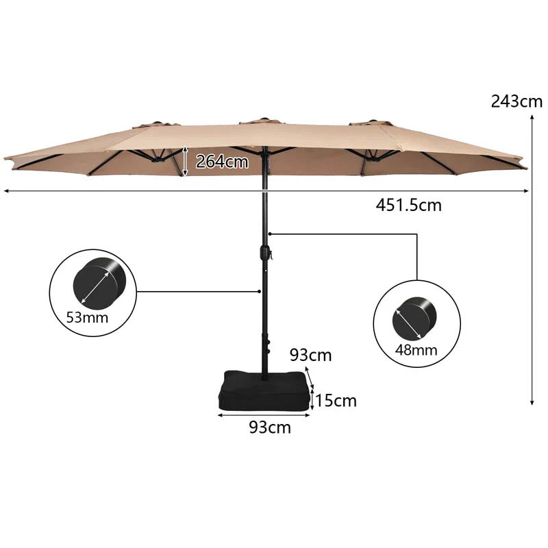 10-Piece Patio Rattan Dining Set with 15 ft Double-Sided Umbrella – Acacia Wood Table & Stackable Cushioned Wicker Chairs
