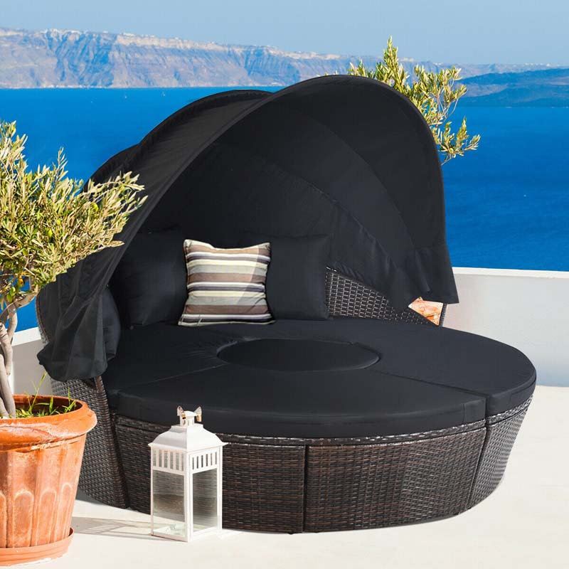 Rattan Wicker Round Patio Daybed with Retractable Canopy & Adjustable Coffee Table – Outdoor Sofa Set