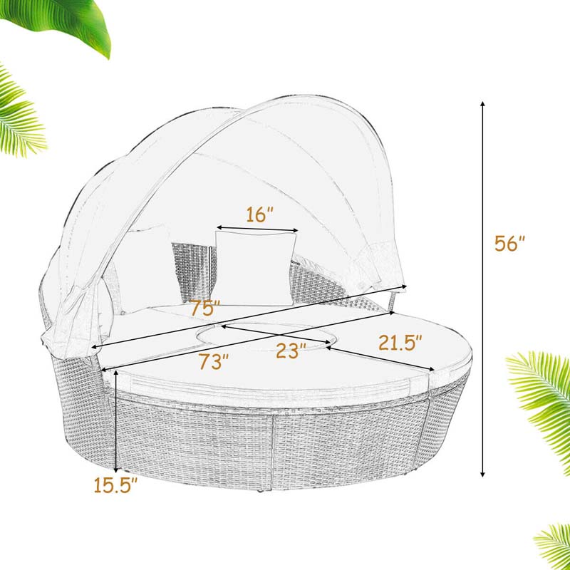 Rattan Wicker Round Patio Daybed with Retractable Canopy & Adjustable Coffee Table – Outdoor Sofa Set