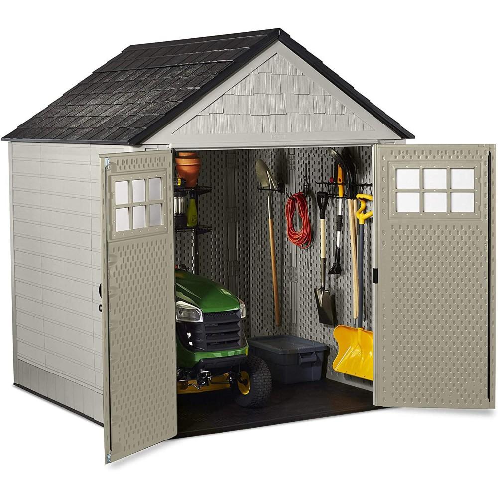 Rubbermaid 7 x 7 ft Weather-Resistant Resin Garden Storage Shed with Windows & Utility Hooks, Sand