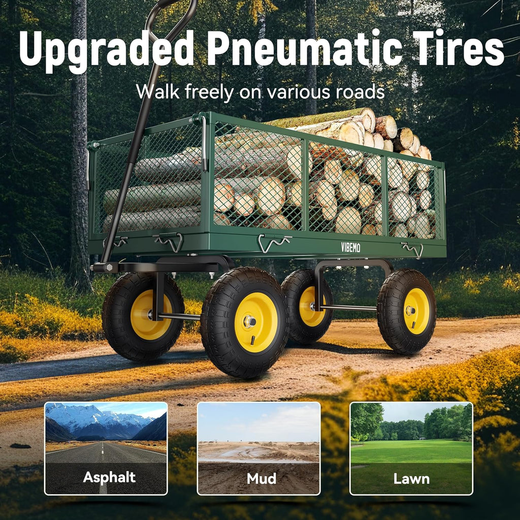 Vibemo 2-in-1 Steel Garden Cart – 1400 lb Heavy-Duty Wagon, Mesh Sides to Flatbed, 13" Pneumatic Tyres