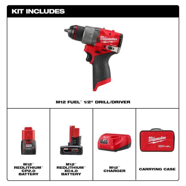 Milwaukee 3403-22 M12 FUEL 12V Brushless 1/2 in. Cordless Drill Driver Kit, 4.0Ah + 2.0Ah Batteries