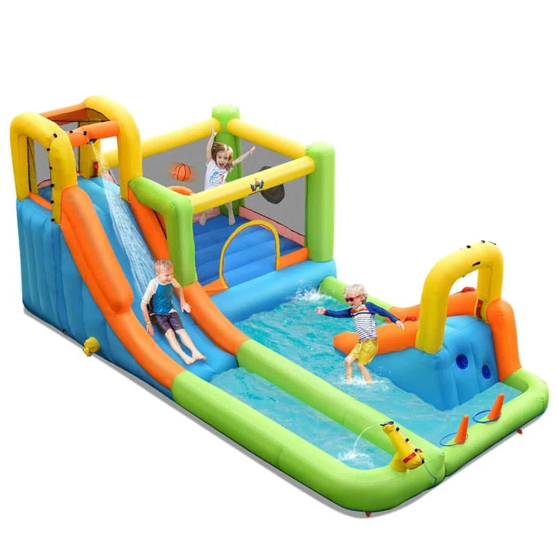 8-in-1 Inflatable Water Slide Park - Bounce House with Dual Slides, Climbing Wall & Splash Pool (Blower Not Included)
