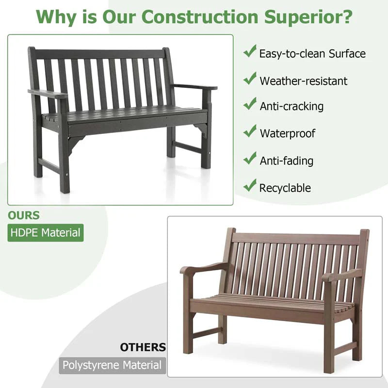 50 in All-Weather HDPE Garden Bench – 2-Person Outdoor Patio Loveseat, 705 lb Capacity (Grey)