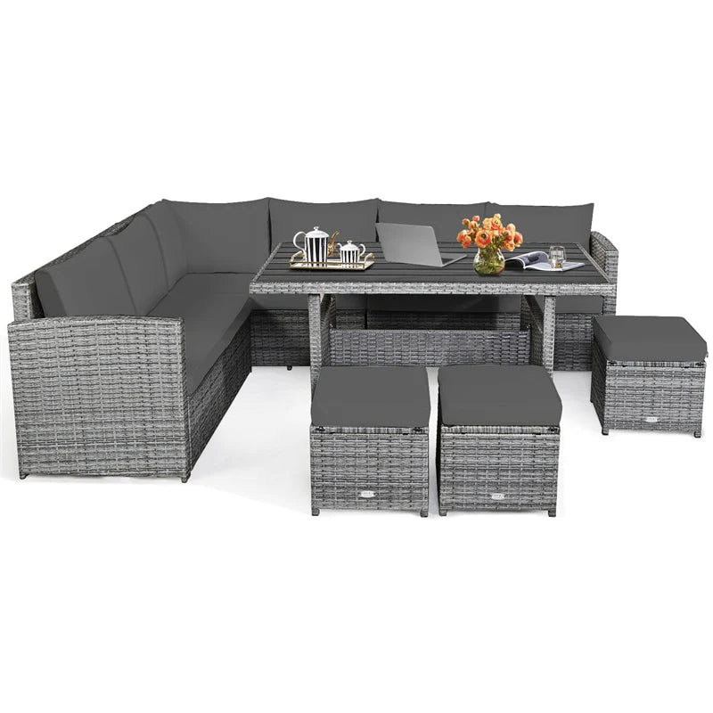 7-Piece PE Rattan Patio Sectional Sofa Set with Dining Table, Ottomans & Cushions, Mix Grey
