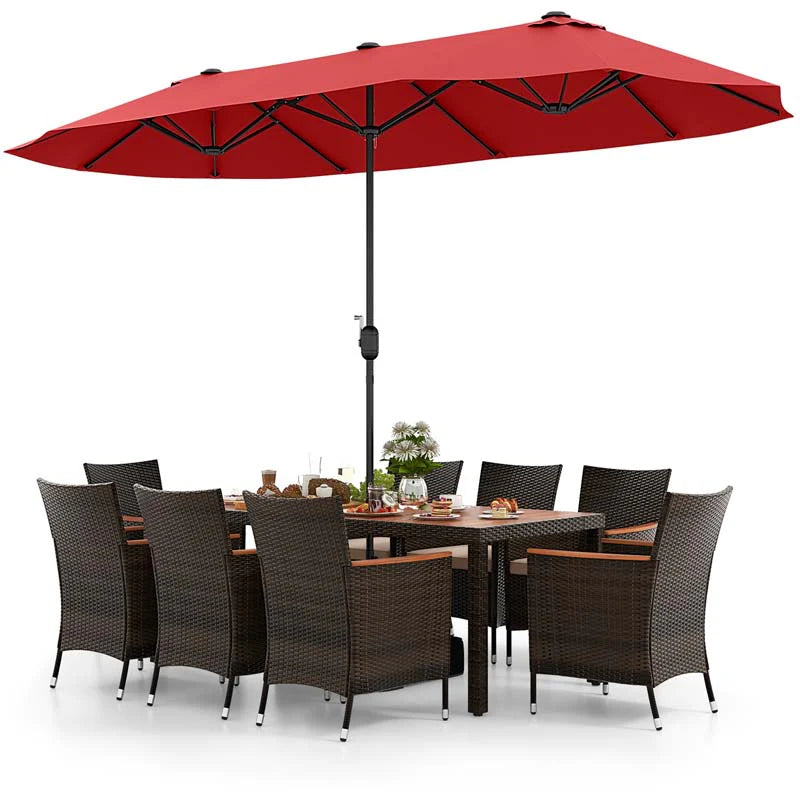 10-Piece Patio Rattan Dining Set with 15 ft Double-Sided Umbrella – Acacia Wood Table & Stackable Cushioned Wicker Chairs