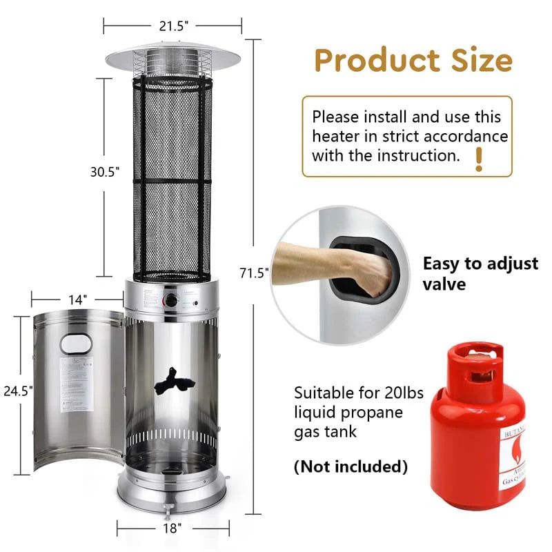 41000 BTU Stainless Steel Patio Heater - Standing Propane Garden Heater with Glass Flame Tube, Wheels & Tilt Shut-Off