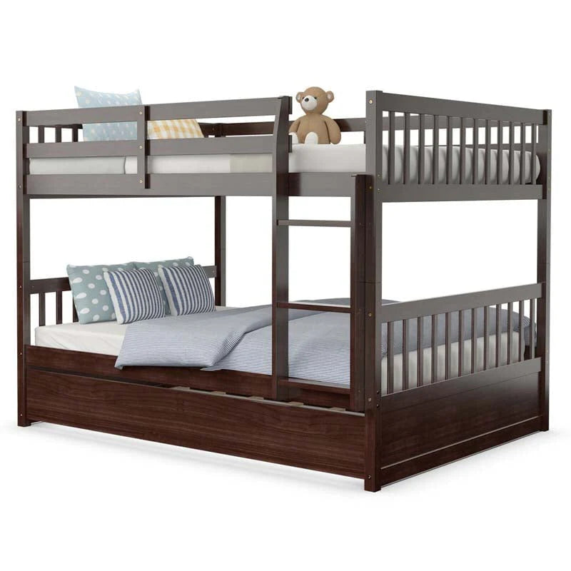 Solid Wood Full-over-Full Bunk Bed Frame with Trundle, Ladder & Guardrails, Convertible for Kids & Teens