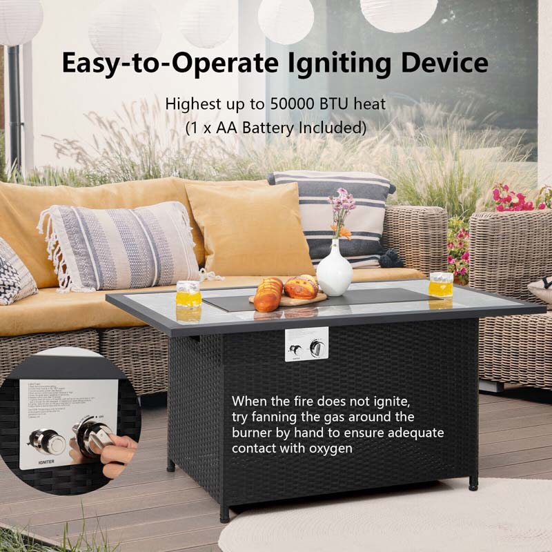 52" Rattan Propane Gas Fire Pit Table – 50,000 BTU, Marble Top, Lava Rocks & Cover