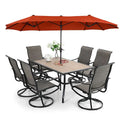 8-piece outdoor patio dining set with six sling swivel chairs and large double-sided umbrella