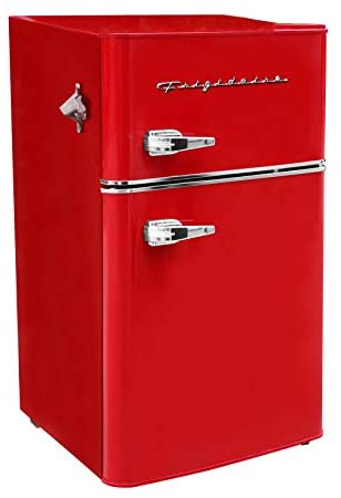 Retro red Frigidaire EFR840 3.2 cu ft two-door mini fridge with bottle opener