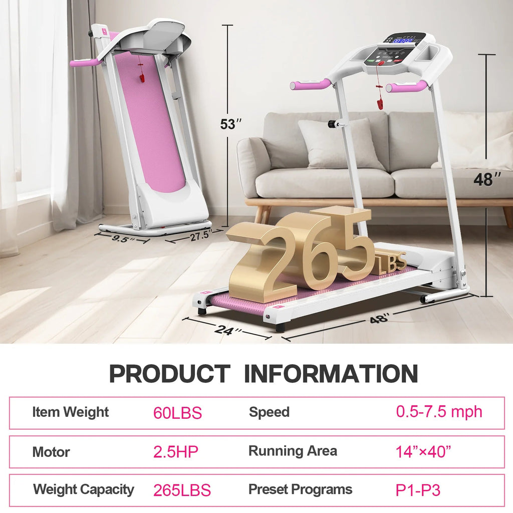 FYC Foldable Electric Treadmill – 2.5 HP Brushless Motor, 7.5 MPH, LED Display & Heart-Rate Sensor (Pink)