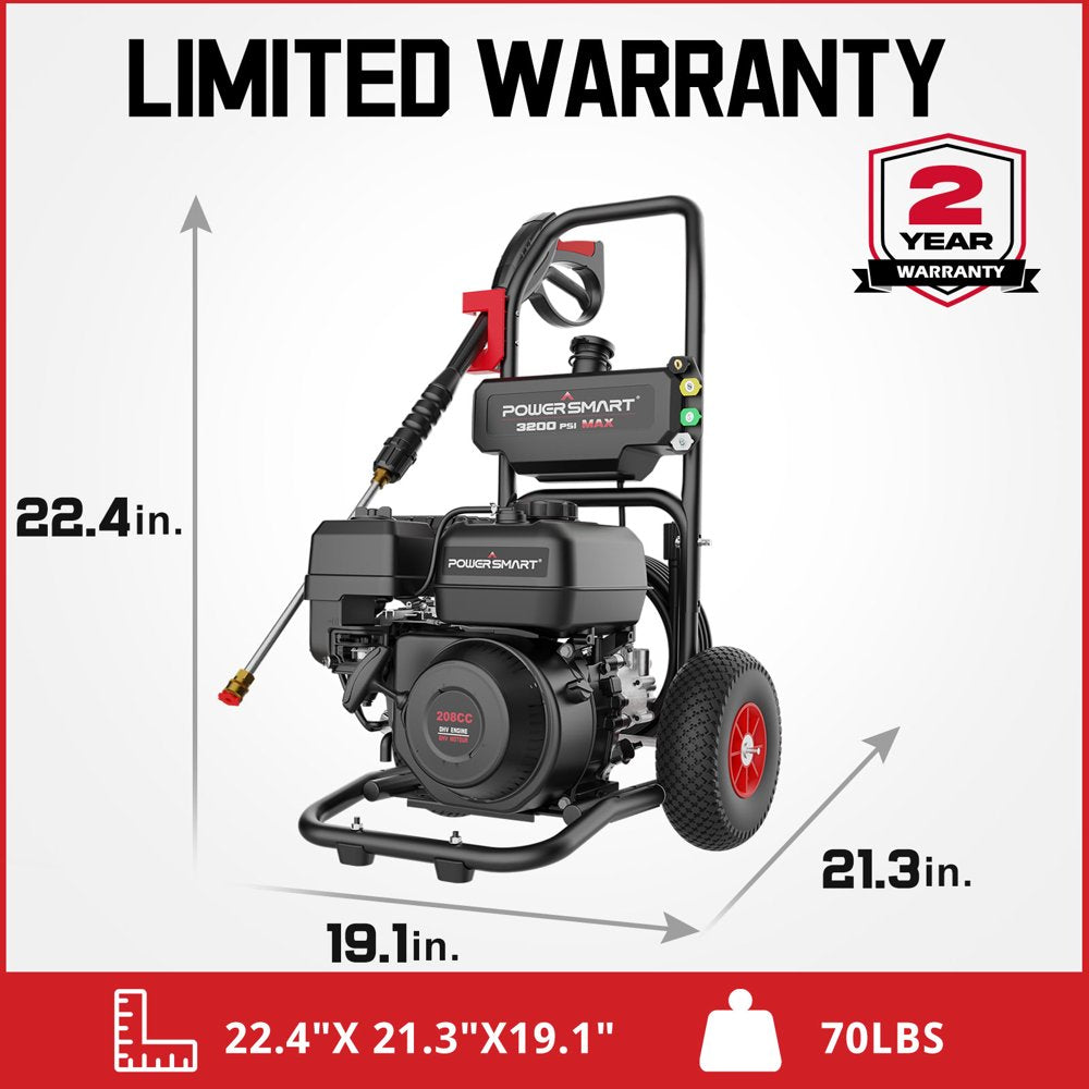 PowerSmart 3200 PSI Gas Pressure Washer – 208cc 4-Stroke OHV, 2.5 GPM, 5 Nozzles & 25 ft Hose