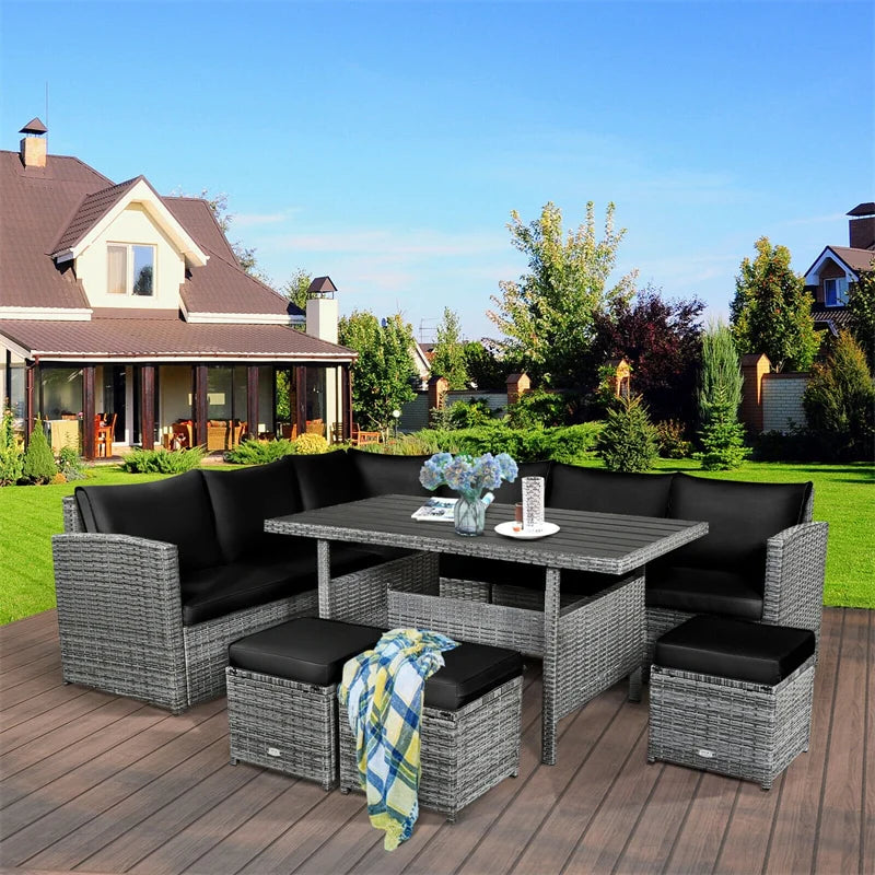 7-Piece PE Rattan Patio Sectional Sofa Set with Dining Table, Ottomans & Cushions, Mix Grey