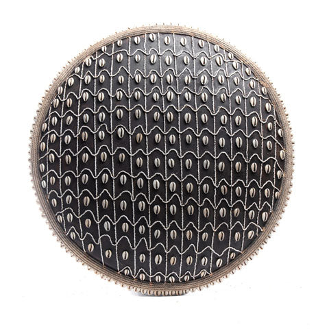 Hand-Carved Cameroon Shield with Cowrie Shells & White Beads