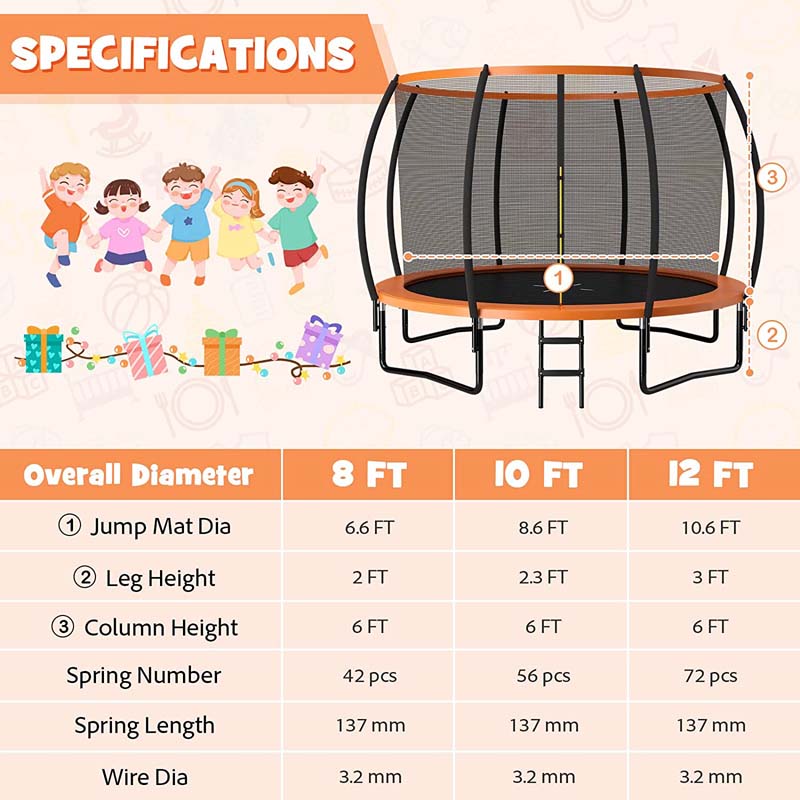 Outdoor Trampoline with Enclosure Net, Ladder & Safety Pad – 8/10/12 ft, ASTM Approved