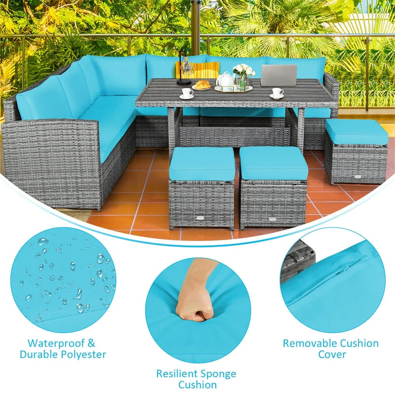 7-Piece Rattan Patio Dining Set – Sectional Sofa with Table, Ottomans & Cushions, Mix Grey